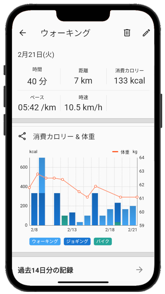 有酸素運動記録画面